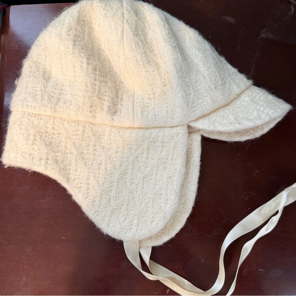 Eugenia Kim Cream Knit Hat with Ribbon Ties